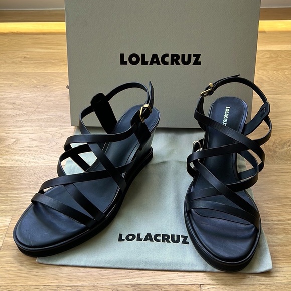 NWT Lola Cruz Wedge Sandals. Authentic! Black leather. Size 10. W/Box & Dust bag - Picture 1 of 8